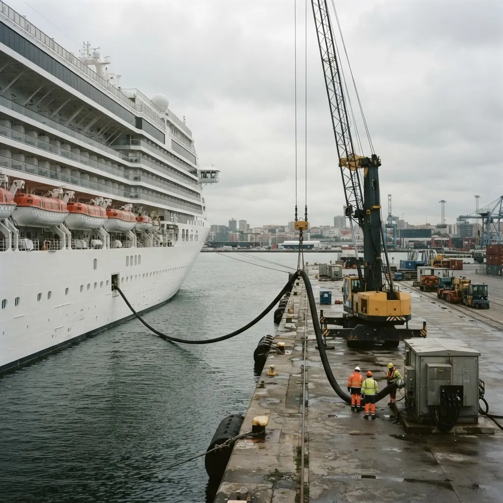 Passenger vessel at berth while a crane guides the shore-power cable from the dock.