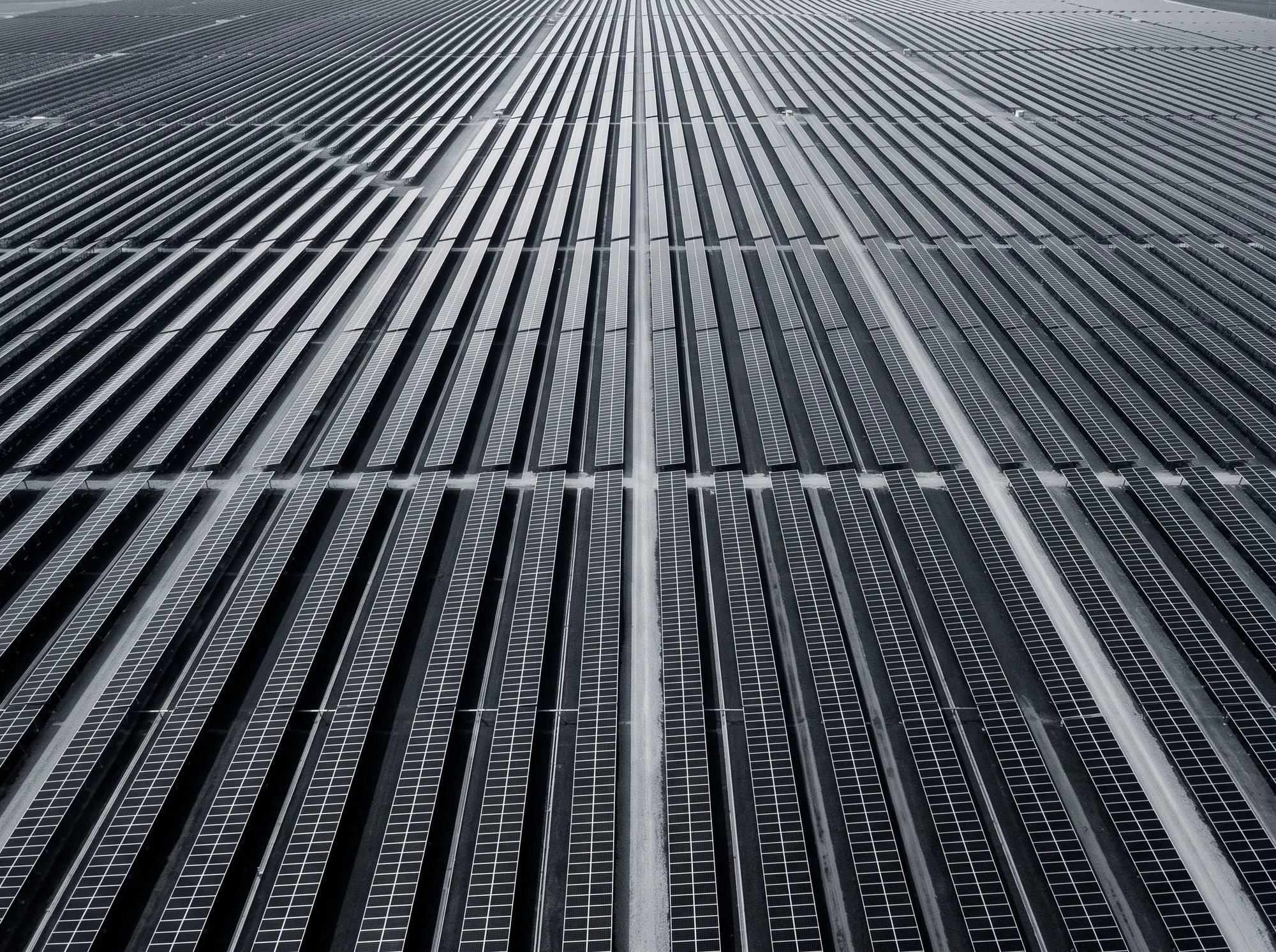 Aerial view of a utility-scale solar farm, in black and white