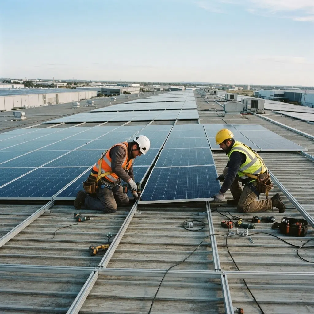 Technicians wearing safety equipment install photovoltaic modules on a large roof.